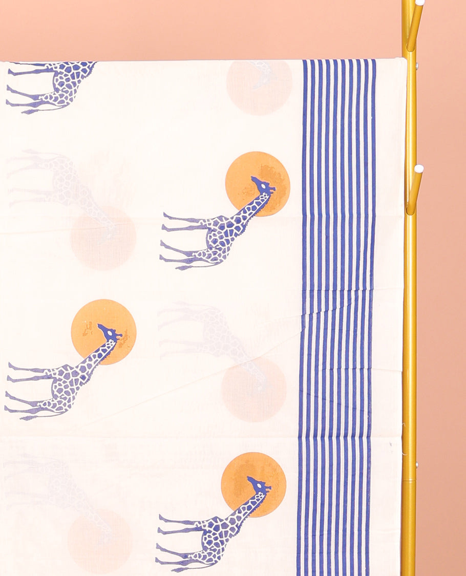 Cream Kerala Cotton Saree, Embellished with Sun and Giraffe Motifs, a Subtle Striped Border, and a Matching Blouse
