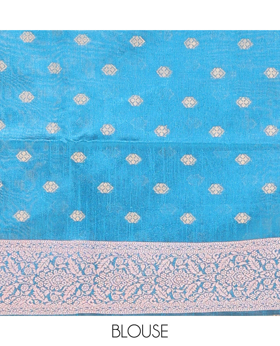 Blue chevron striped dupion saree, intricate floral design border, and thread striped pallu