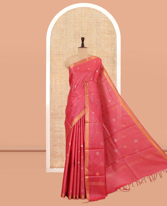 Pink Tussar Saree, Woven with Buttas, a Subtle Zari Border, Pallu of Zari Buttas, and a Matching Blouse