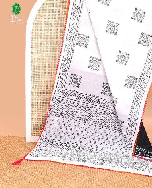 Half white vorli printed design soft cotton saree with bom bom border & block printed pallu along with contrast blouse