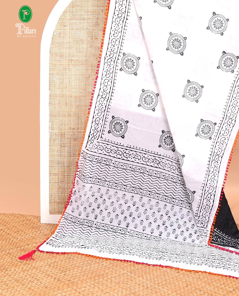 Half white vorli printed design soft cotton saree with bom bom border & block printed pallu along with contrast blouse