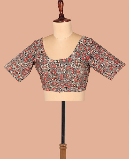 Grey Readymade Blouse Accentuated with Circle-Paisley Motifs Print, Featuring Front Round Neck, Back Round Neck, and Elbow Sleeves