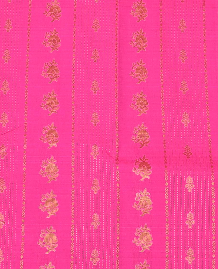 Rani Pink Art Silk Pavadai Material Set, Enriched with Zari Designs Skirt, Complemented by a Contrast Traditional Zari Design Border, and Paired with a Contrast Blouse