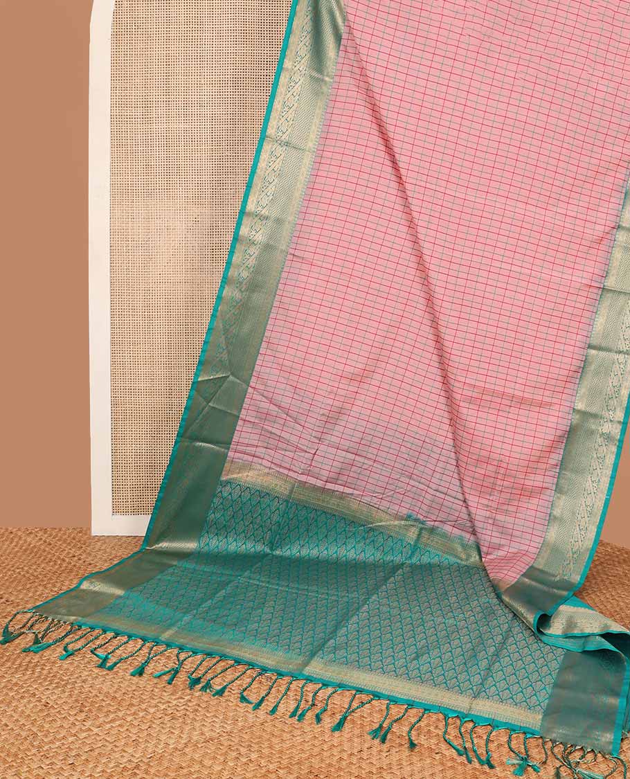 Light pink checked soft silk saree with contrast zari design border & floral design pallu