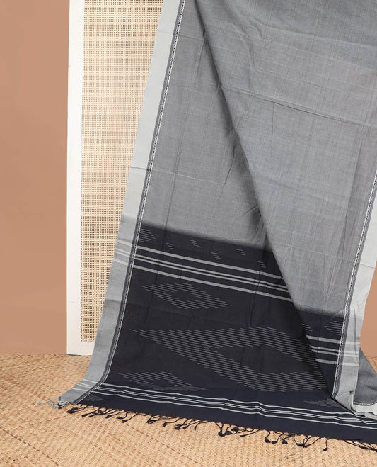 Grey coimbatore cotton saree with contrast traditional design border & geometric design pallu