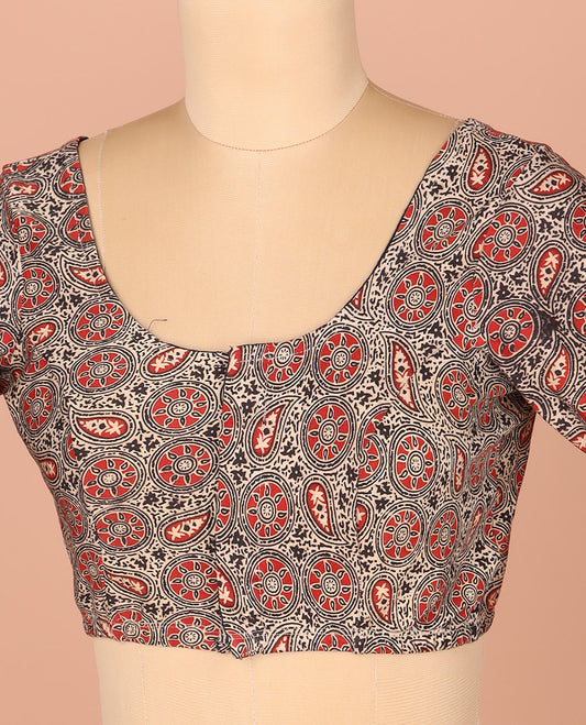 Grey Readymade Blouse Accentuated with Circle-Paisley Motifs Print, Featuring Front Round Neck, Back Round Neck, and Elbow Sleeves