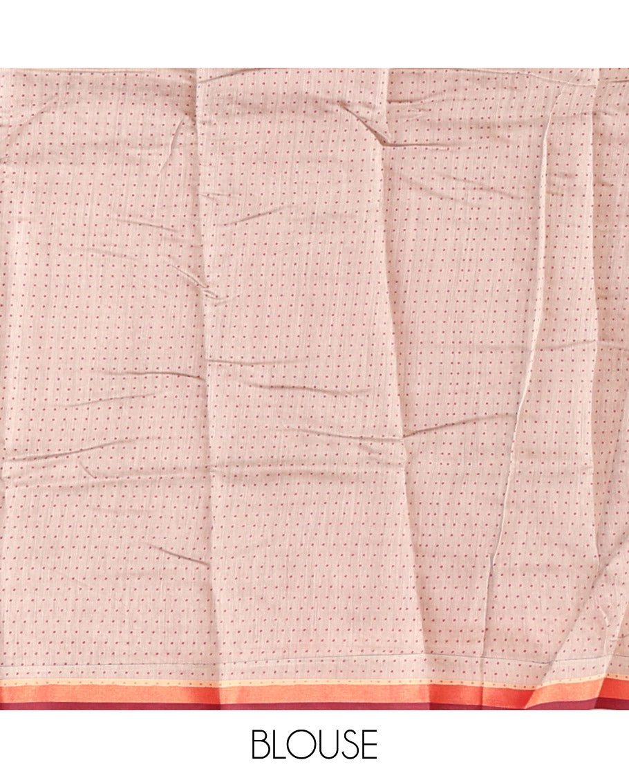 Red Kanchi Cotton Saree, Decorated with Floral Vine Printed All Over Its Body, a Subtle Border, Pallu of Geometric and Peacock Feather Print, and Paired with a Contrast Blouse