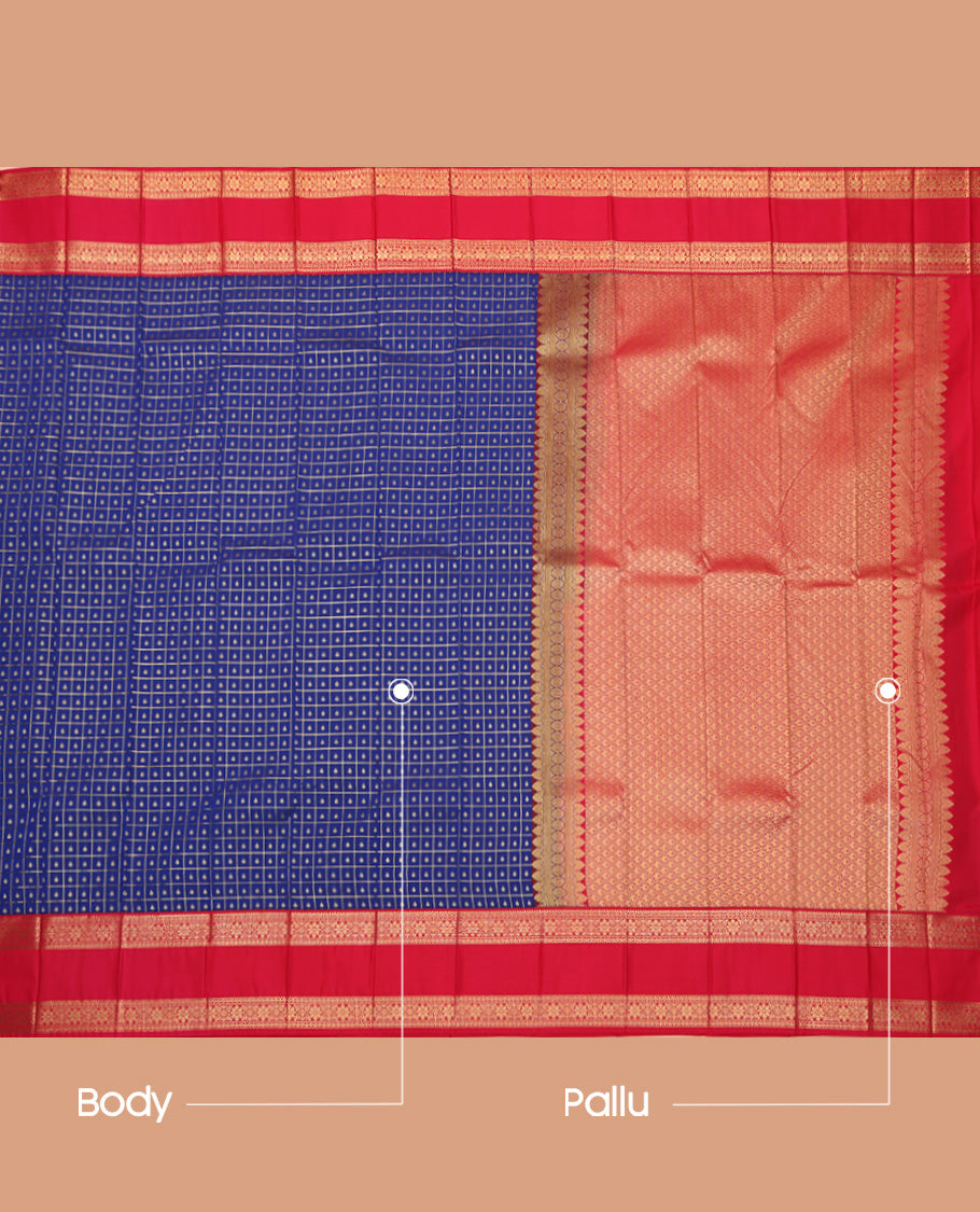 Blue Budget Silk Saree, Graced with Zari Butta Enclosed Checks On Its Body, Complemented by Contrast Traditional Zari Designs Woven Rettai Pettu Border, Grand Jaal Pallu and Paired with a Contrast