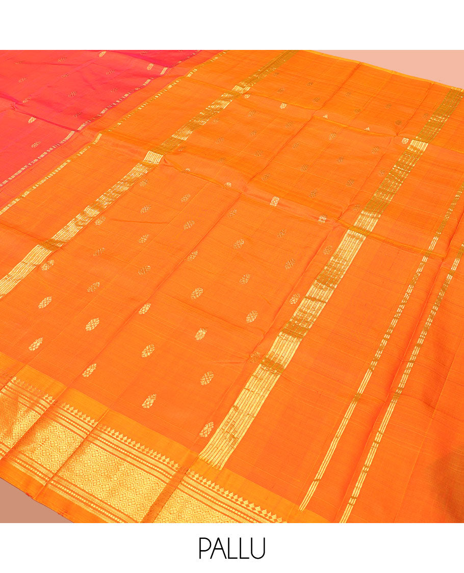 Red Kanchipuram Silk Saree, Graced with Zari Buttas, a Contrast One-Sided Border of Panner Sombu, Muthu, Banaras, and Jaal Design, Zari Design Pallu, and No Blouse