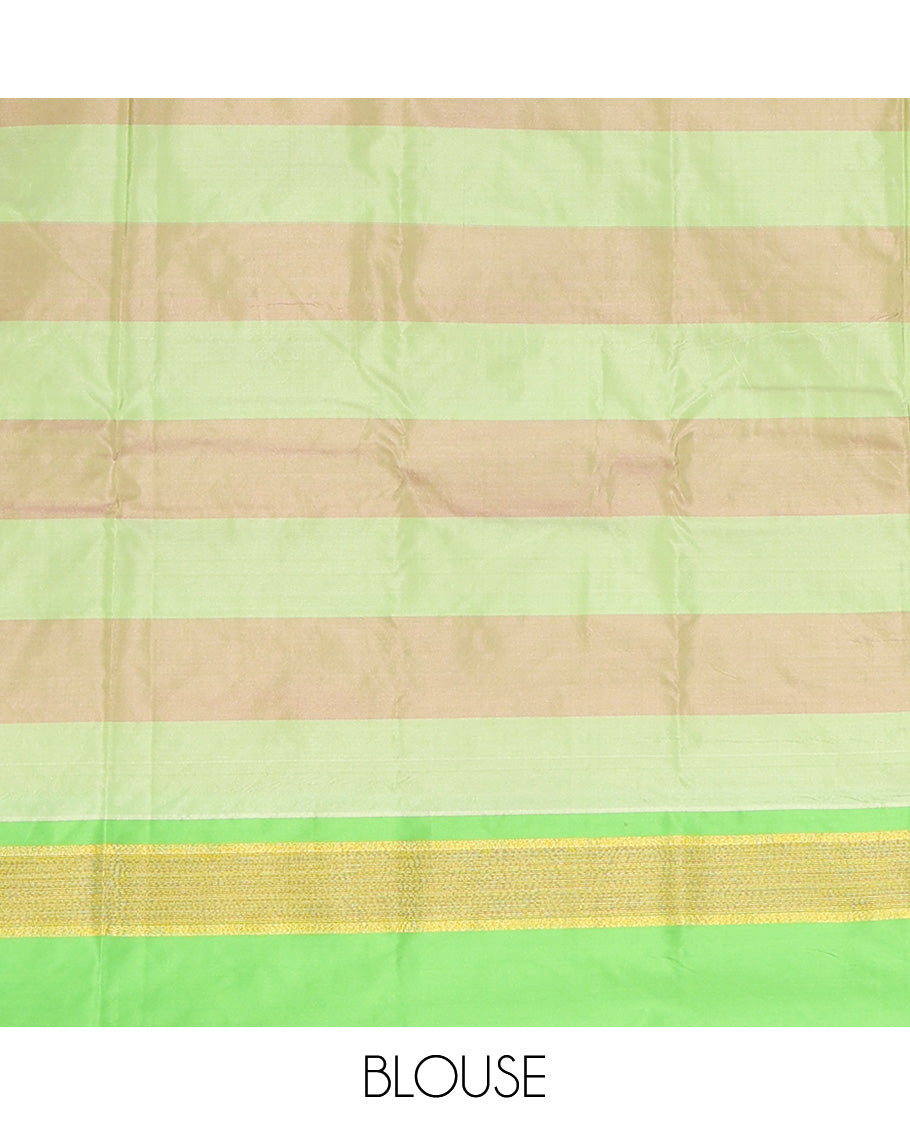 Pink Aarani Silk Saree, Decked Up with Stripes and Buttas All Over Its Body, Complemented by a Contrast Zari Stripes Border, Pallu of Stripes, and Paired with a Contrast Blouse