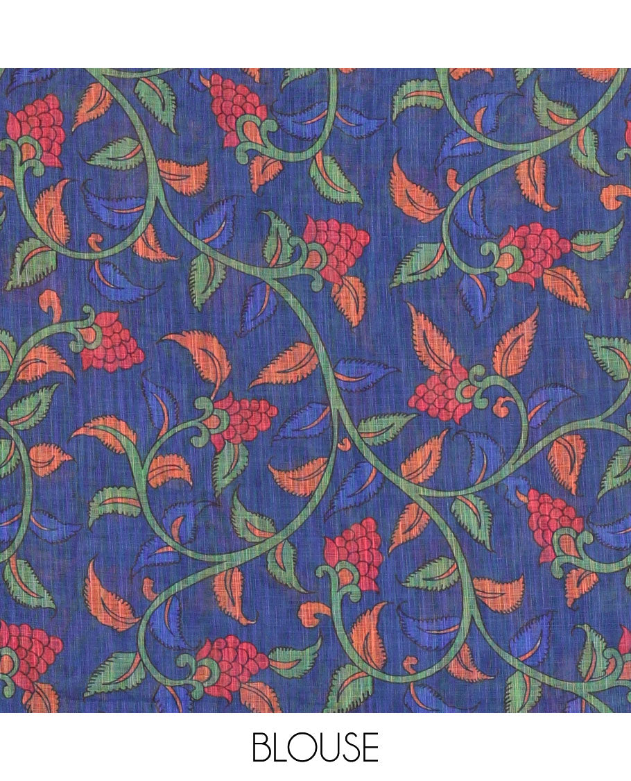 Indigo blue plain linen cotton saree, mordern art style elephant motifs printed border, elephant printed pallu, and a contrast floral vine printed blouse