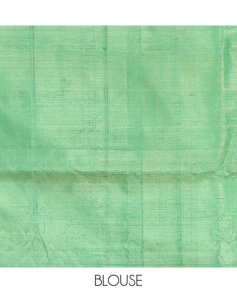 Maroon Banana Pith Saree, Woven with Temple Buttas, a Contrast Border, Pallu of Stripes and Temple Design, and a Contrast Blouse