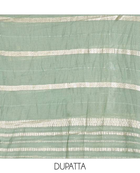 Pista Green Material Churidar Set, Elevated with Zari Buttas and Crosia Lace with Mirror Work Chanderi Top, Comes with a Plain Bottom, Zari Woven Chanderi Dupatta