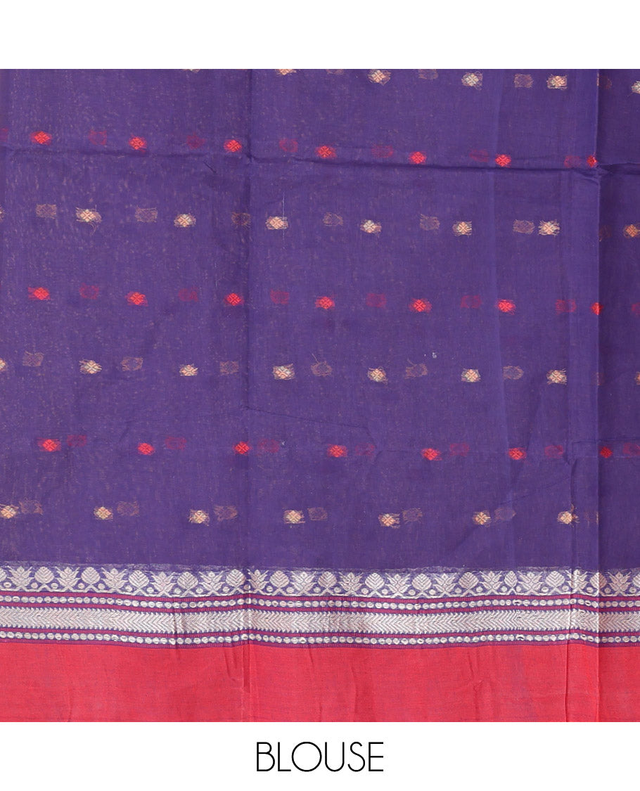 Violet Bengal Cotton Saree, Decked Up with Thread Buttas, a Contrast Traditional Design Border, Pallu of Stripes, and Buttas, and a Matching Blouse
