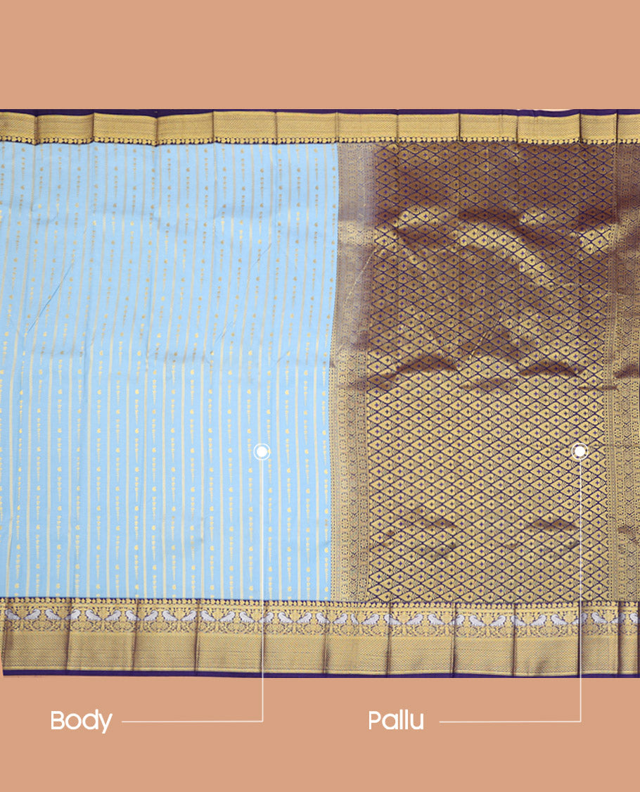 Blue Budget Silk Saree, Richly Detailed with Zari Buttas on Its Body, Complemented by a Contrast Traditional Zari Design Border, Grand Pallu, and Paired with a Contrast Blouse