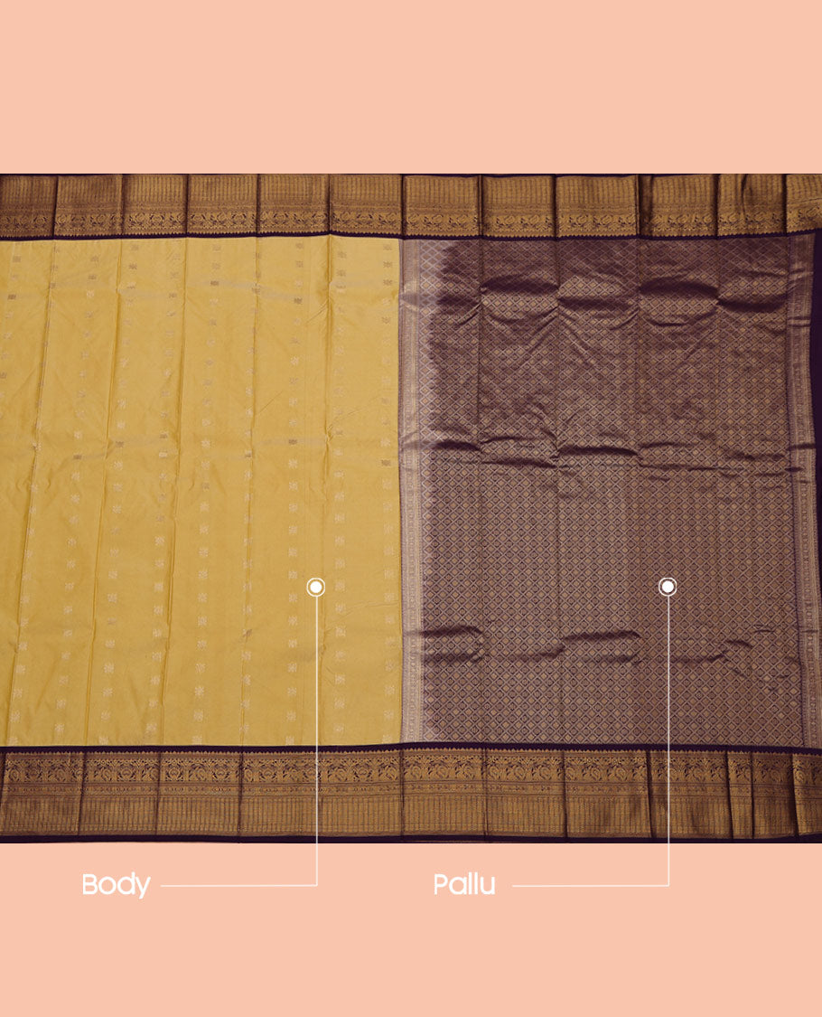 Yellow Budget Silk Saree, Sparsely Woven with Zari Buttas All Over Its Body, Complemented by a Contrast Traditional Zari Design Border, Grand Jaal Pallu, and Paired with a Contrast Blouse