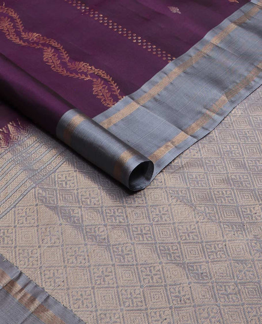 Purple zari buttas silk mix saree, contrast rettai pettu zari striped border & pallu of jaal designs