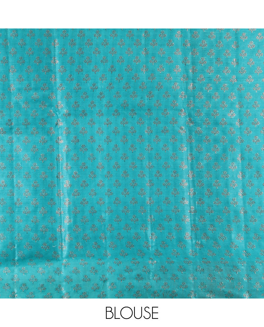 Blue Tusser Silk Saree, Decorated with Floral Jaal Jacquard Design, a Zari Border, Intricate Pallu, and a Matching Blouse