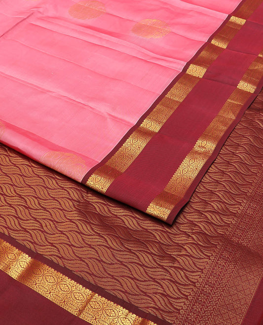 Pink round zari buttas vasundhara silk mix saree, contrast intricate pallu & rettai pettu border of rekku,muthu & chakram