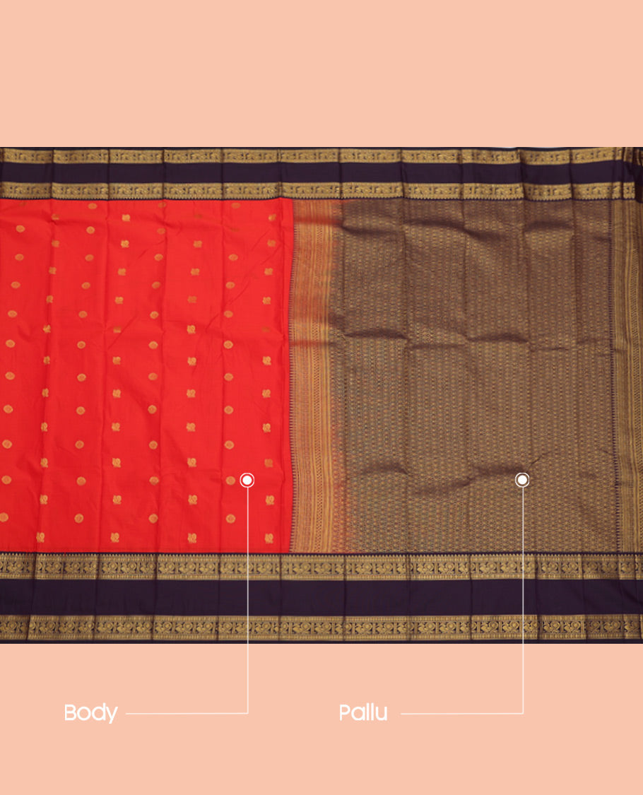 Orange Budget Silk Saree, Woven with Peacock-Chakram Buttas, Complemented by a Contrast Traditional Zari Rettai Pettu Border, Grand Pallu, and Contrast Blouse