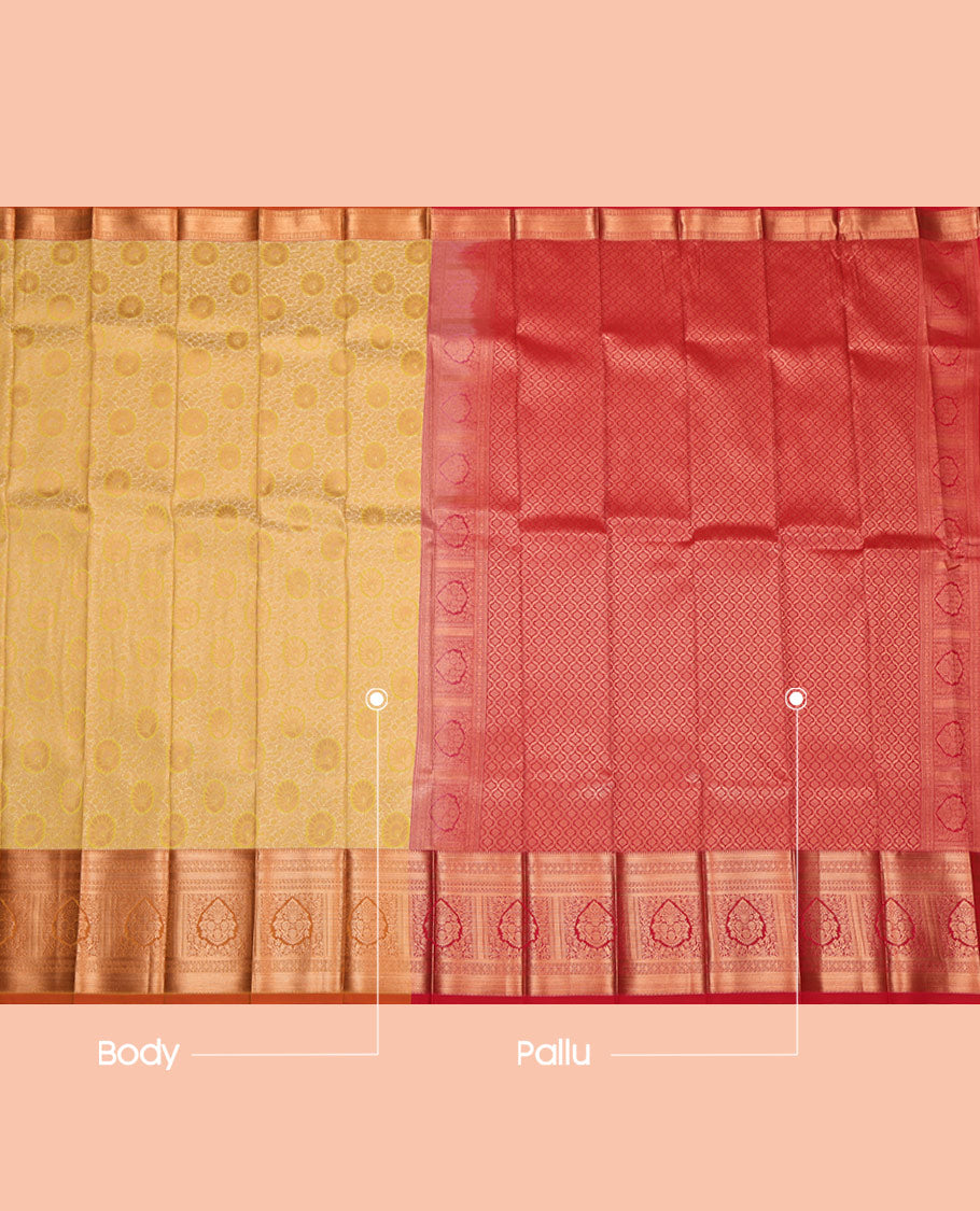 Yellow Budget Silk Saree, Sparsely Threaded with Floral Jacquard, Complemented by Contrast Traditional Zari Border, Jaal Pallu, and a Contrast Blouse