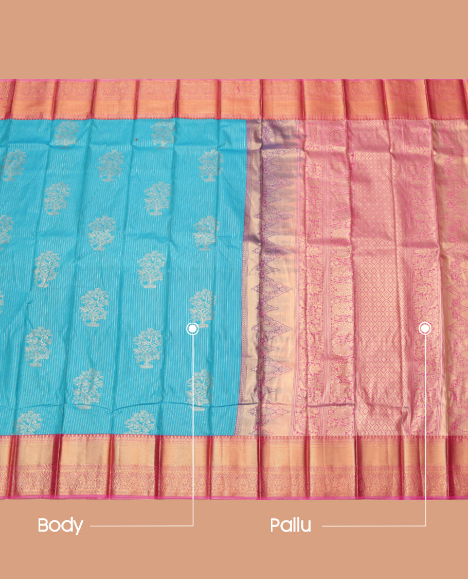Blue Budget Silk Saree, Richly Detailed with Zari Buttas and Stripes, Complemented by Contrast Traditional Zari Border, Grand Pallu and a Contrast Blouse