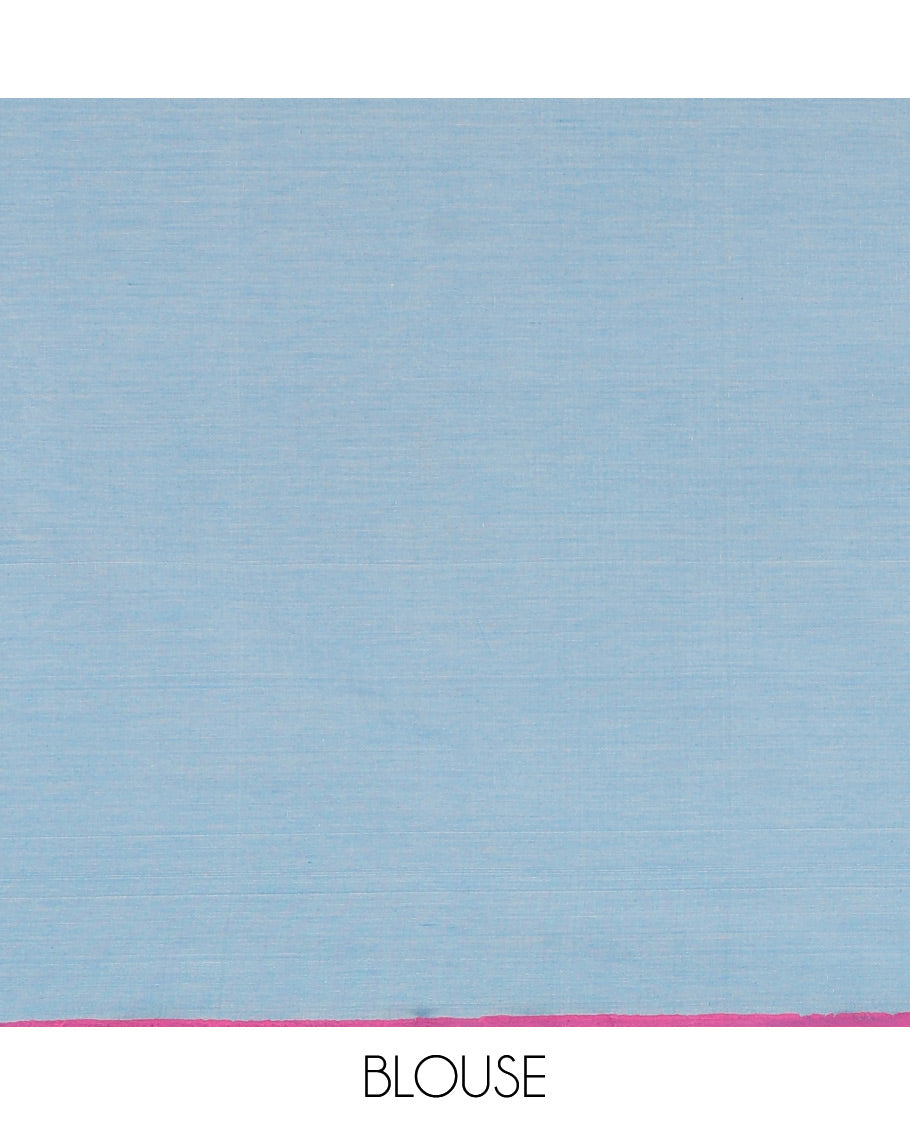 Borderless Pale Blue South Cotton Saree, Adorned with Floral Motifs, Block Printed on  Its Body, Printed Pallu, Comes with a Matching Blouse, and a Contrast Block Printed Blouse