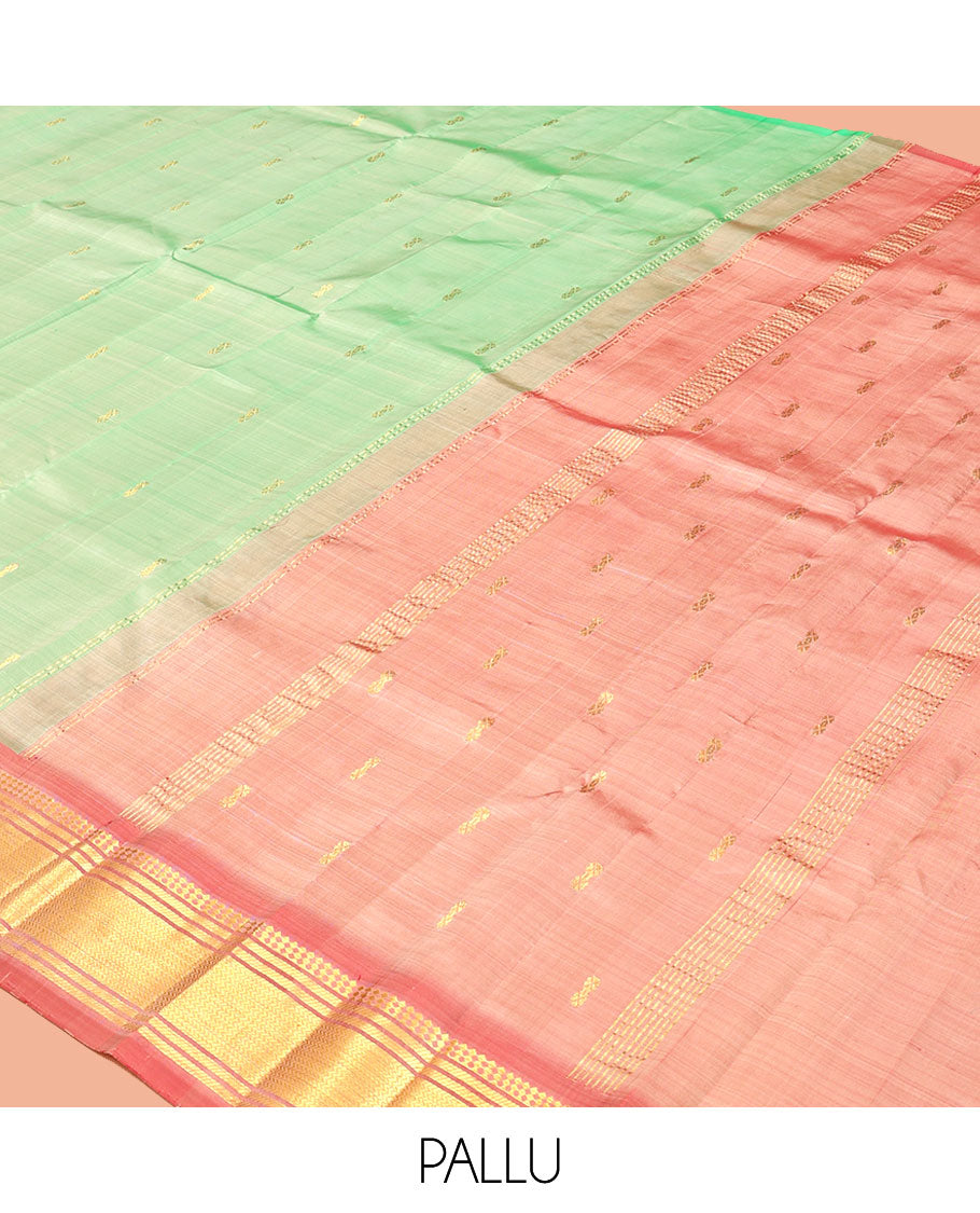 Green Kanchipuram Silk Saree, Showcasing Zari Buttas, a Contrast One-Sided Border of Panner Sombu, Banaras, and Vanki  Designs, a Zari Design Pallu, and No Blouse