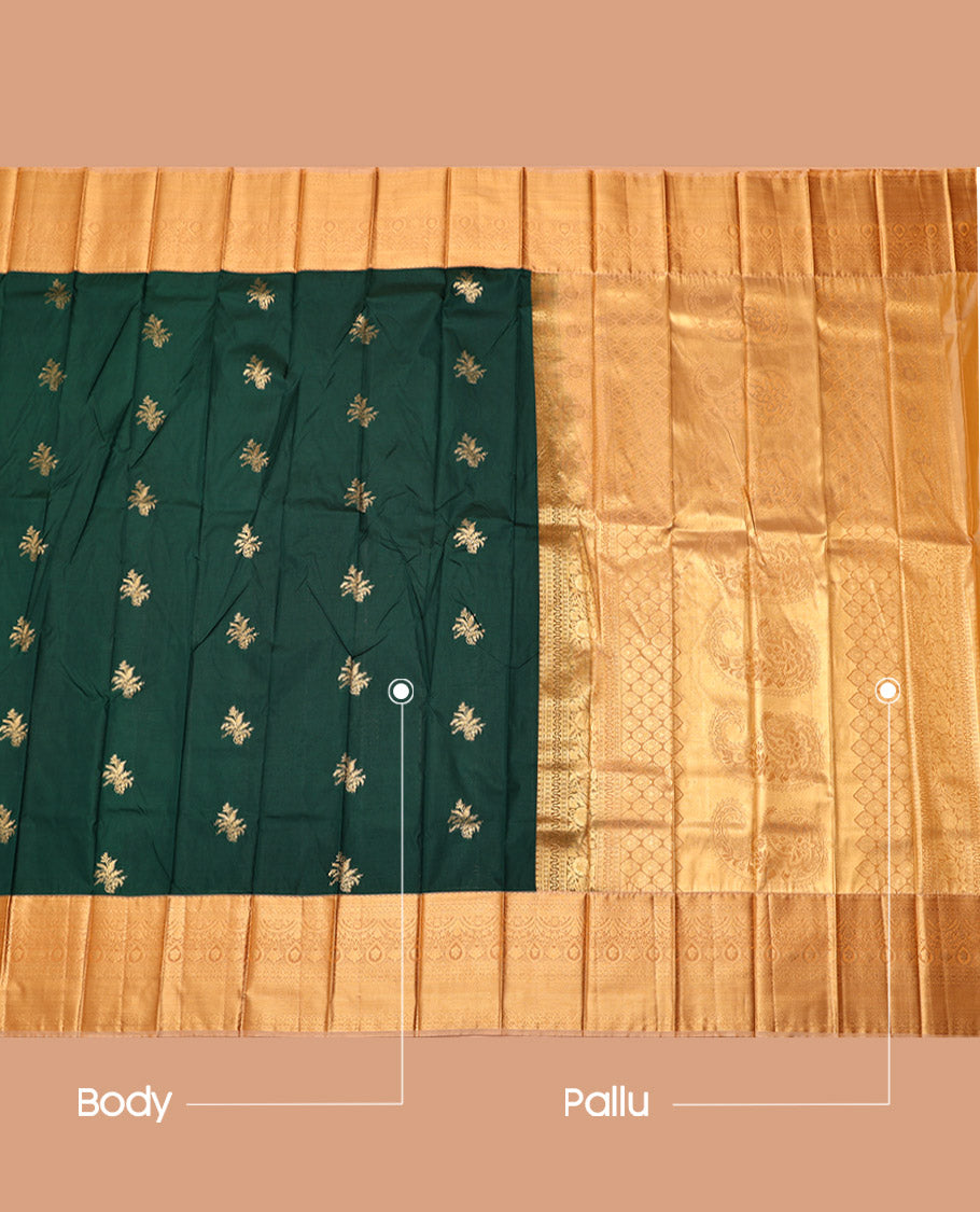 Green Budget Silk Saree, Woven with Zari Buttas, Complemented by a Contrast Traditional Zari Border, Intricate Pallu, and a Contrast Blouse