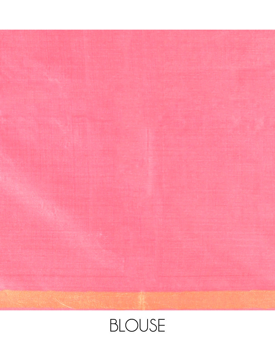Pink Tussar Saree, Woven with Buttas, a Subtle Zari Border, Pallu of Zari Buttas, and a Matching Blouse