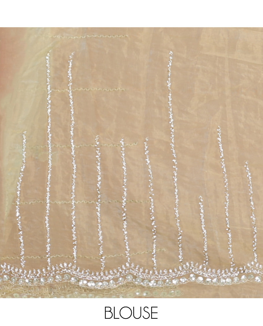 Pista Green Stone-Kardana Work Organza Designer Saree with a Scallop Embroidery Border, Matching Blouse