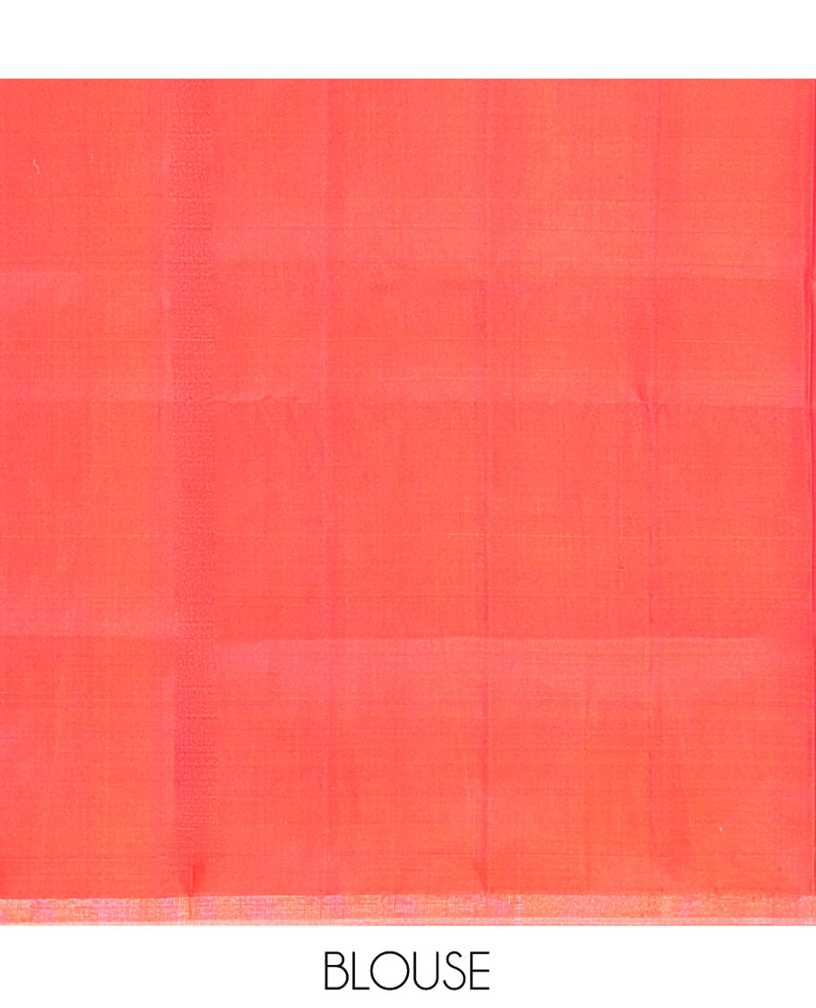 Red Mayuri Soft Silk Saree, Elegantly Framed with Buttas and Pine-Tree Like Buttas All Over Its Body, Subtly Zari Border, Sparsely Woven Pallu, and Paired with a Matching Blouse
