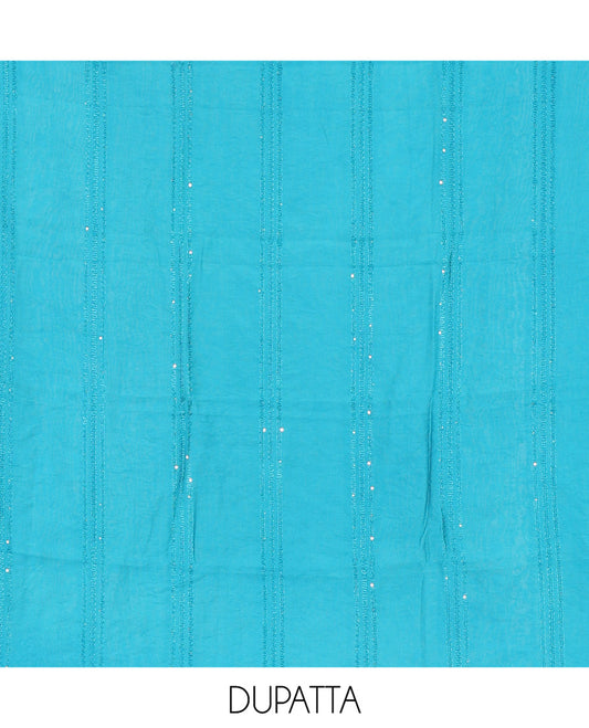 Multi-Color Shimmer Tissue Material Churidar, Detailed with Madras Checks Neckwork Top, a Contrast Bottom, Sequins Striped Dupatta