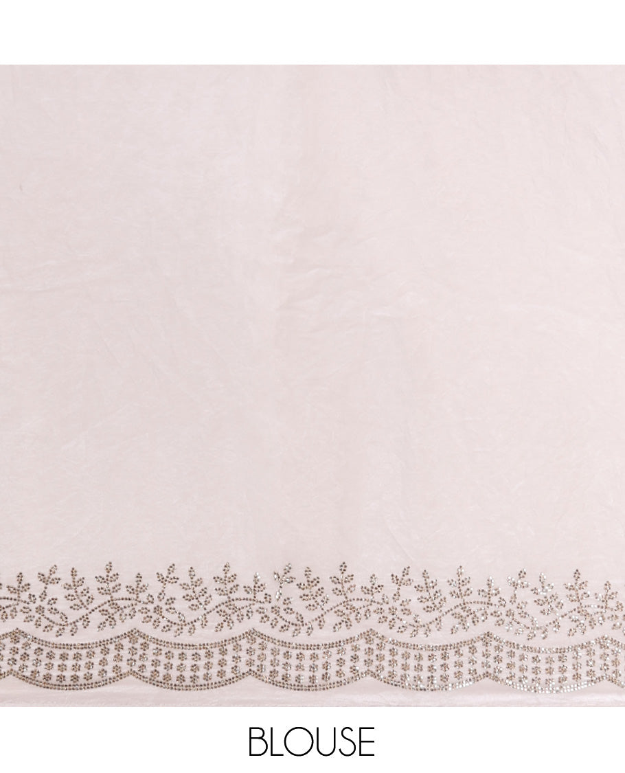 White Designer Saree, Enthralled with Stone Work All Over Its Body, a Scallop Stone Embroidered Border, and Matching Blouse