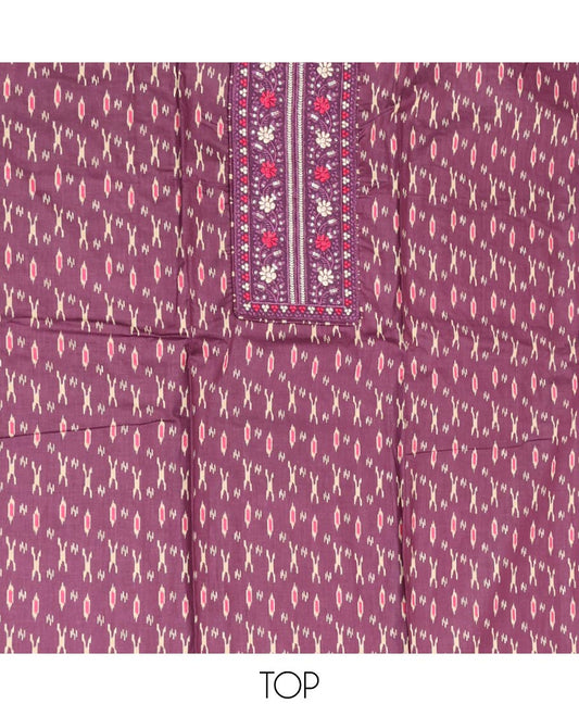 Purple Material Chudidar Set, Ornamented with Ikkat-Style Buttas Printed and Neck Embroidery Cotton Top, Complemented by Contrast Printed Cotton Bottom, and Paired with Ikkat-Style Printed Cotton Dupatta