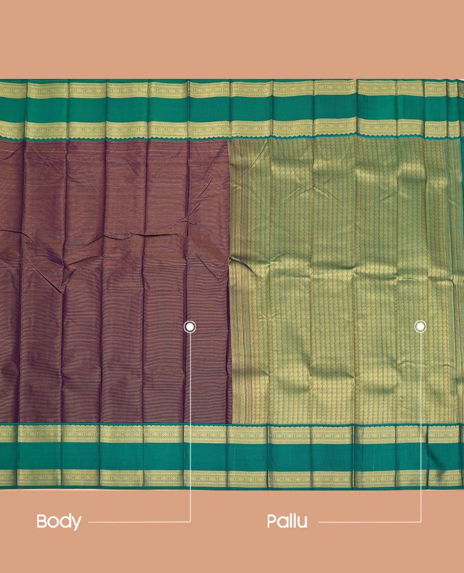 Purple Budget Silk Saree, Highlighted by Zari Stripes All Over Its Body, Complemented by a Contrast Traditional Zari Design Rettai Pettu Border, Grandly Designed Pallu, and Paired with a Contrast Blouse