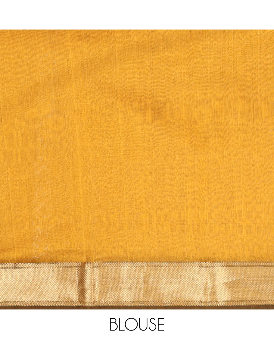 Mustard Maheshwari Cotton Saree, Beautified with Floral Buttas on Its Body, Highlighted by a Zari Border of Traditional Designs, Pallu Steeped with Gleaming Zari Stripes, and Paired with a Matching Blouse
