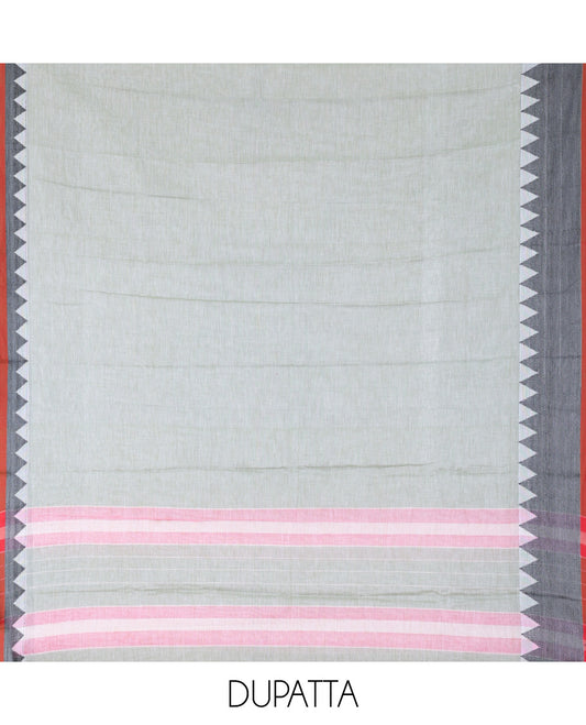 Pista Green Mercerised Cotton Material Churidar Features Plain Top, Contrast Thread Temple Border, Matching Bottom, Temple Dupatta