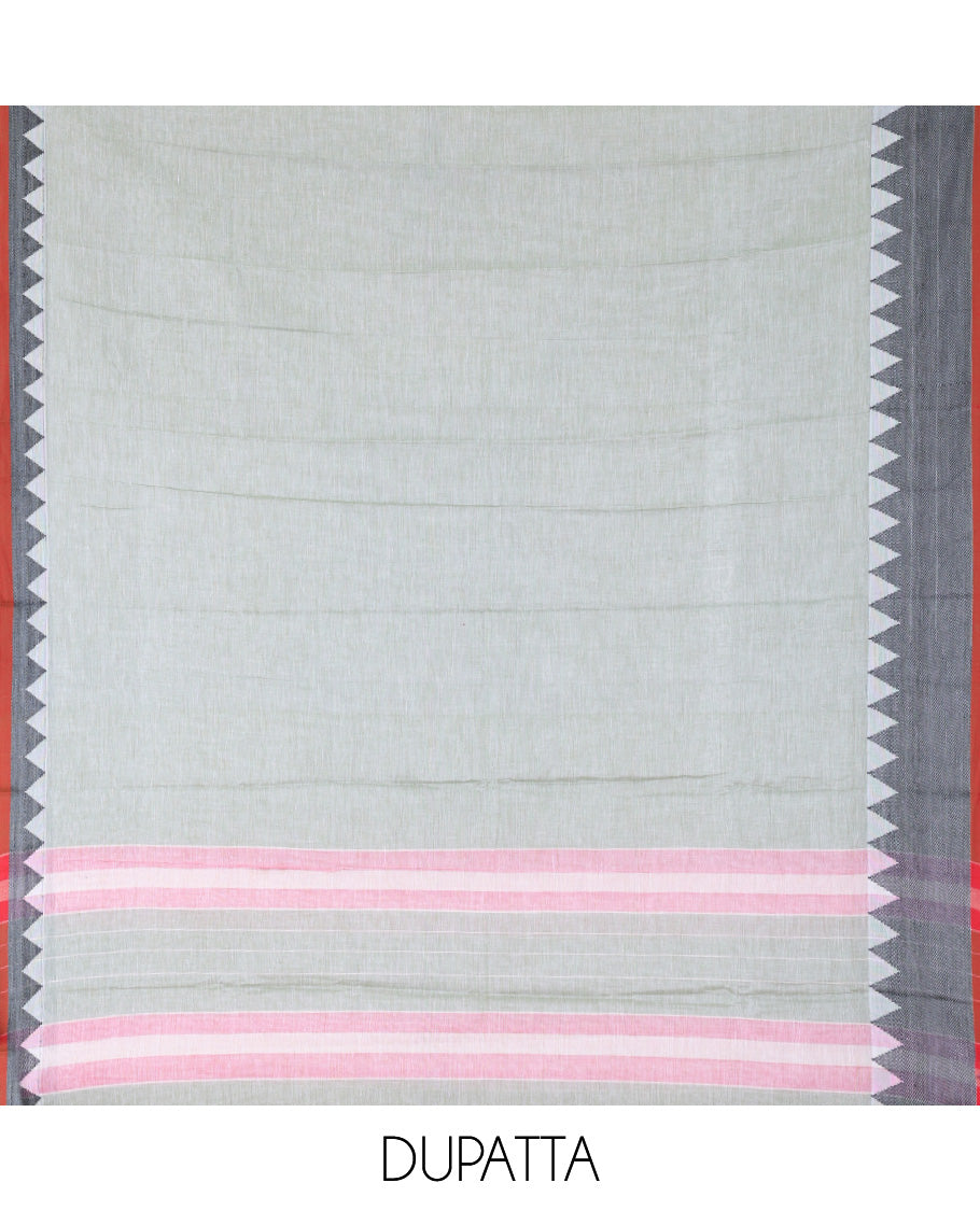 Pista Green Mercerised Cotton Material Churidar Features Plain Top, Contrast Thread Temple Border, Matching Bottom, Temple Dupatta