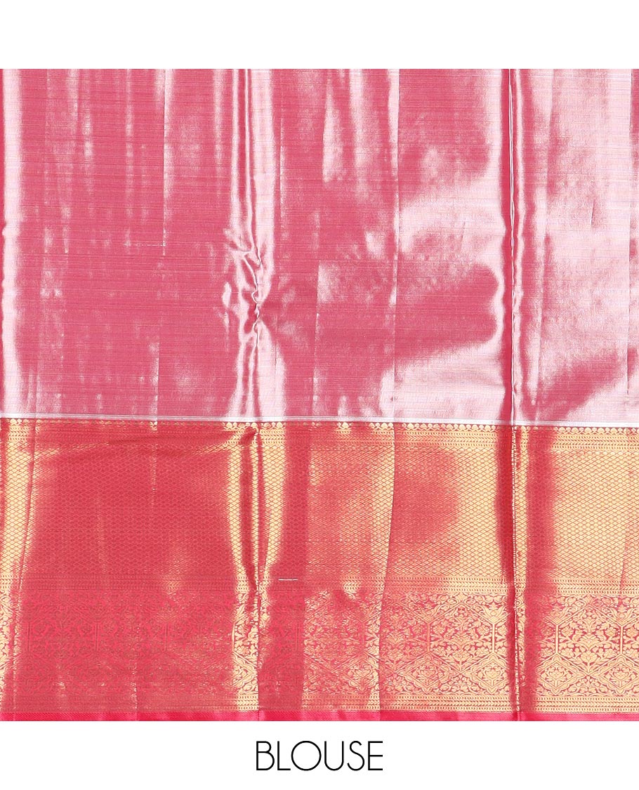 Light tea green floral jacquard budget silk saree, contrast traditional zari border, and ogee patterned pallu