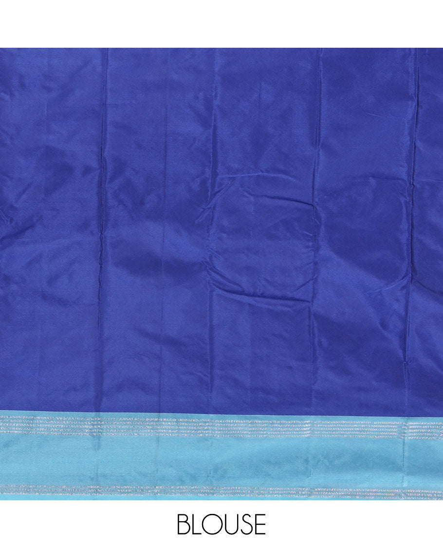 Royal blue zari buttas semi-soft silk saree, contrast thazampoo rekku zari buttas and striped border, striped pallu, and a plain blouse