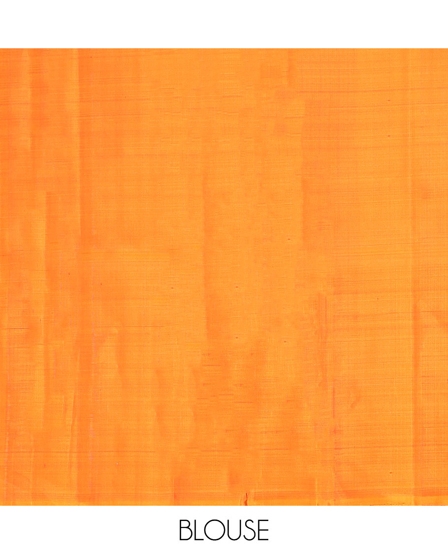 Borderless Red and Yellow Kanchipuram Silk Saree, Delicately Woven with Stripes All Over Its Body, Captivating Contrast Pallu of Stripes, and Paired with a Contrast Blouse