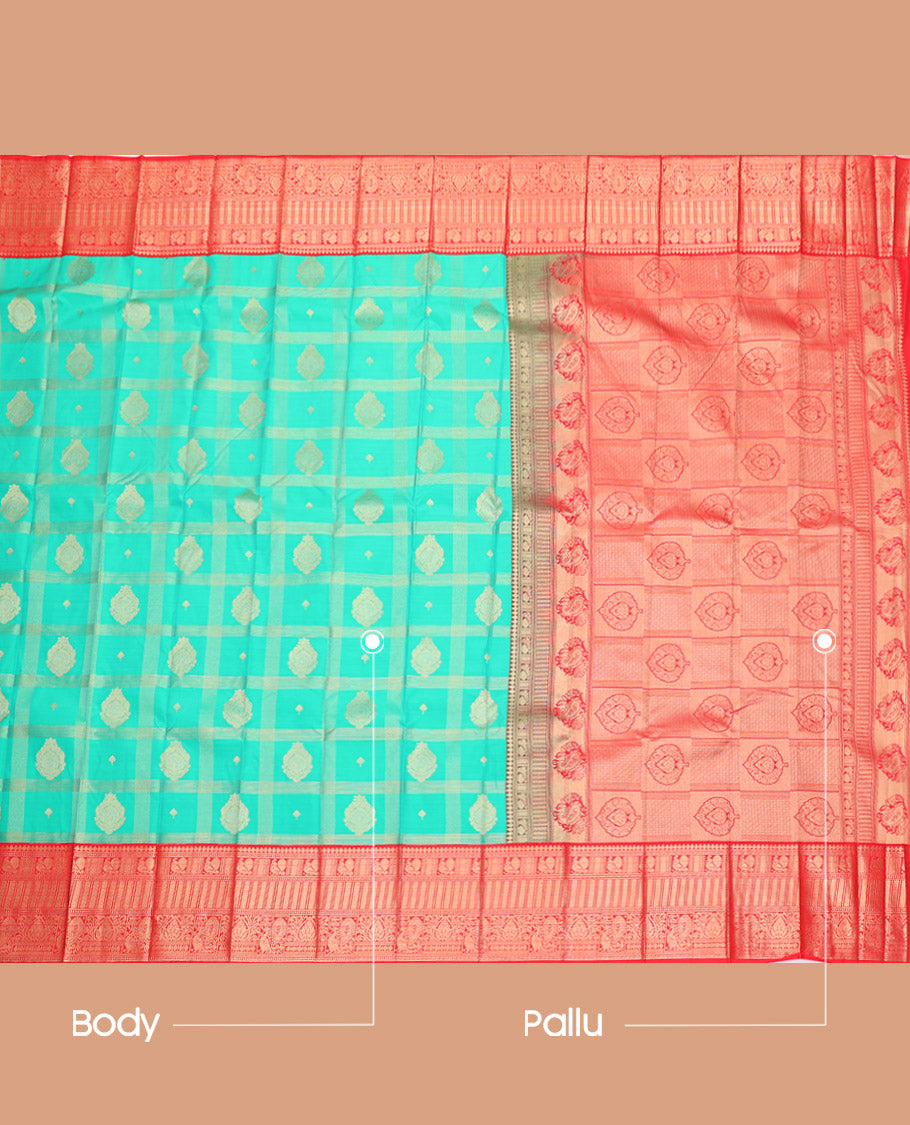 Green Budget Silk Saree, Impeccably Styled with Zari Butta Enclosed Checks, Complemented by a Contrast Traditional Zari Border, Grand Pallu, and a Contrast Blouse