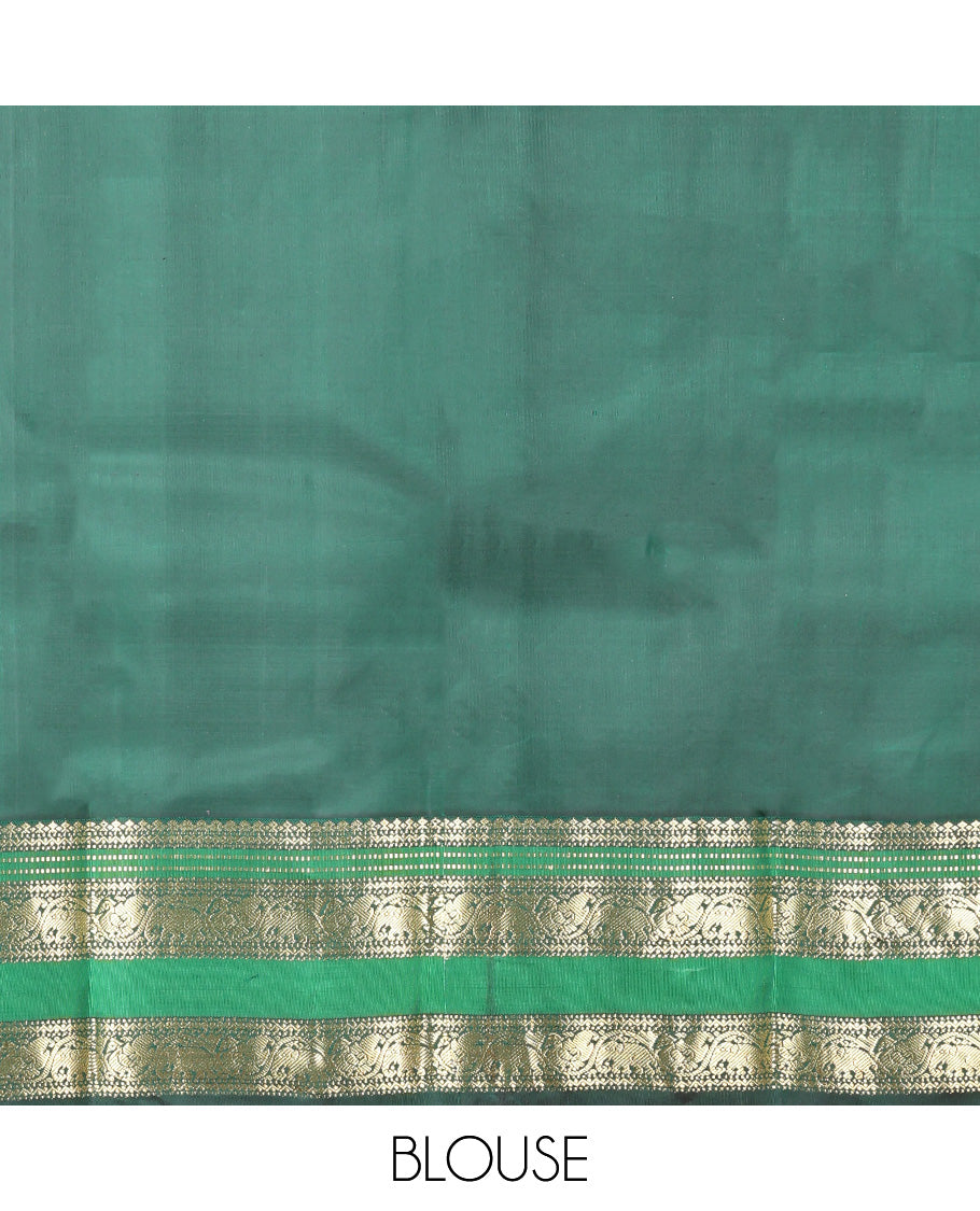 Red Vasundhara Silk Saree, Enriched with Zari Buttas, Contrast Border of Salngai, Muthu, Salngai, and Kofi Yaanai and Mayil Designs, Jaal Pallu, and Contrast Blouse