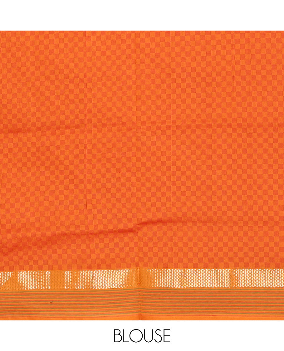 Red Checked Poly Cotton Saree, Complemented by a Contrast Zari Border, Contrast Striped Pallu, and Paired with a Contrast Blouse