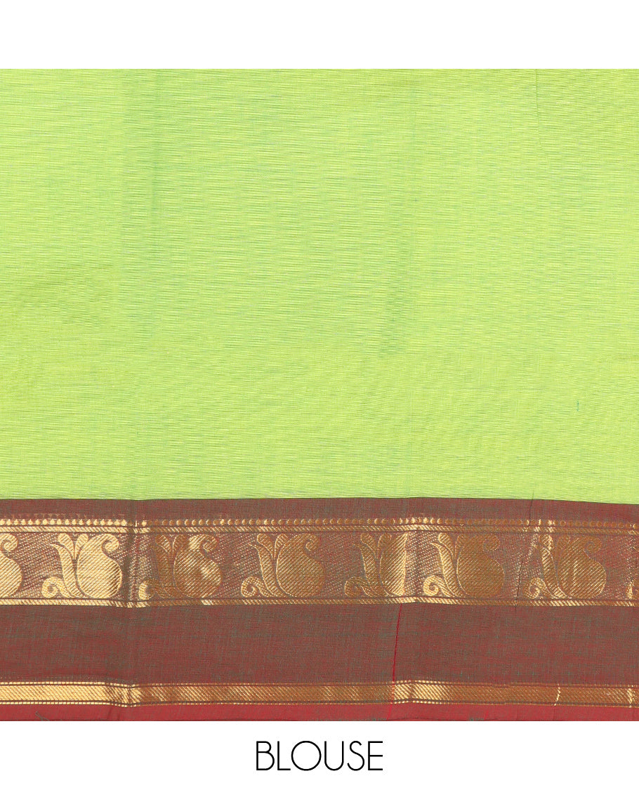 Parrot Green Plain Chettinad Cotton Saree, Complemented by Contrast Traditional Zari Design Rettai Pettu Border of Paisleys, Striped Pallu, and Paired with Matching Blouse