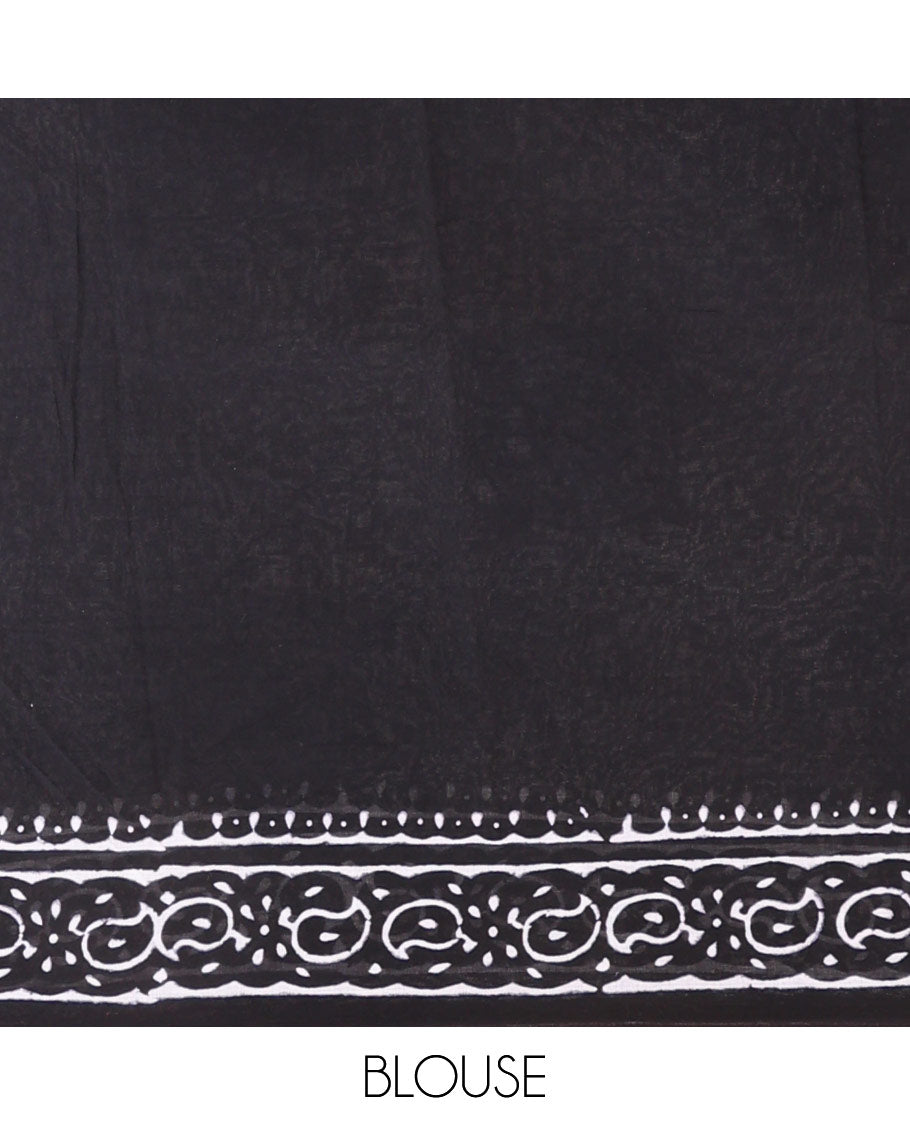 Half white vorli printed design soft cotton saree with bom bom border & block printed pallu along with contrast blouse