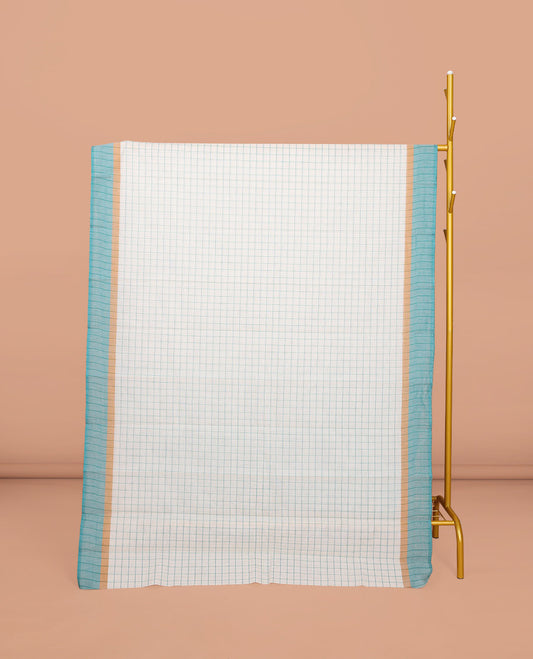 Cream Checked Chirala Cotton Saree, a Contrast Border, Striped Pallu, and a Contrast Blouse