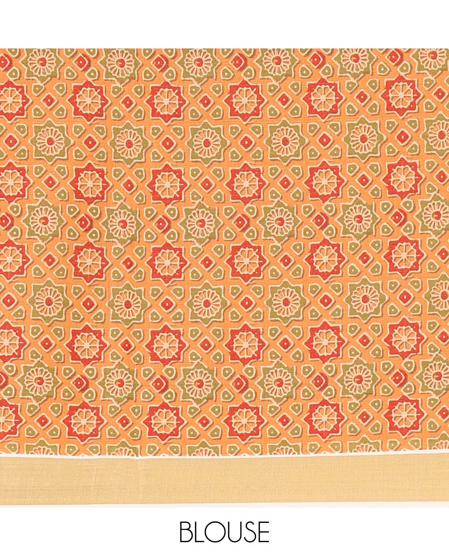 Cream kathakali motifs printed kerala saree, gold zari bavanji border, big kathakali motifs printed pallu & contrast Ajrakh printed blouse