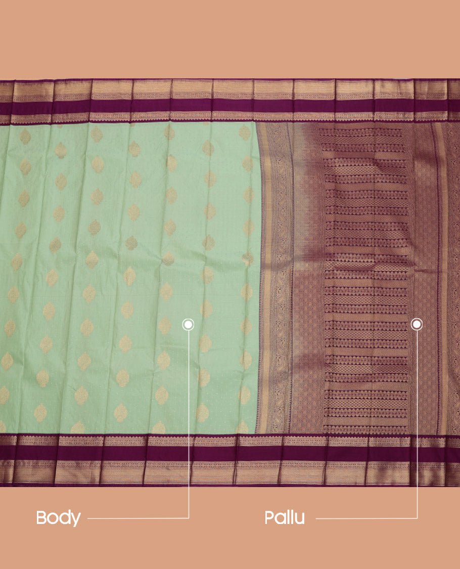 Green Budget Silk Saree, Sparsely Woven with Zari Buttas, Complemented by a Contrast Traditional Zari Rettai Pettu Border, Grand Pallu, and Contrast Blouse